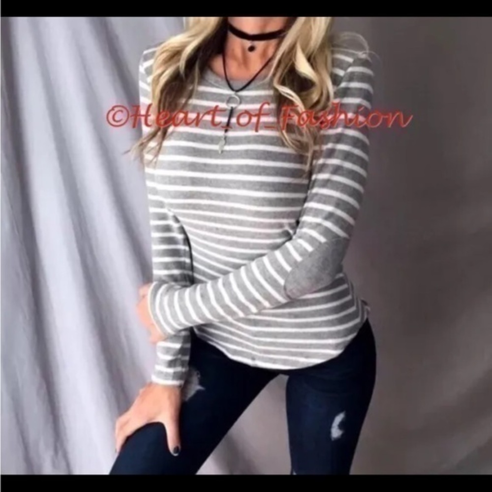 Women's Basic Striped Long Sleeve Elbow Patch Stretch Round Hem Sweater Top S